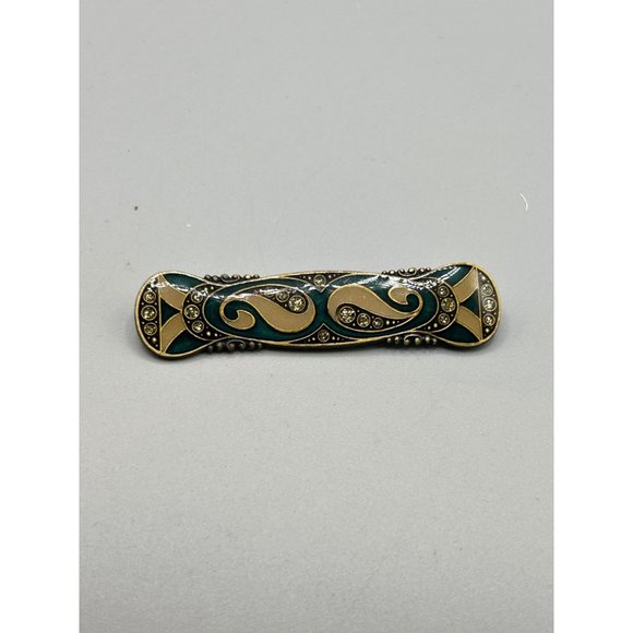 Vtg Pierre Bex Style Pin Brooch Art Deco Inspired Black Gold Tone w Rhinestones - Picture 3 of 7